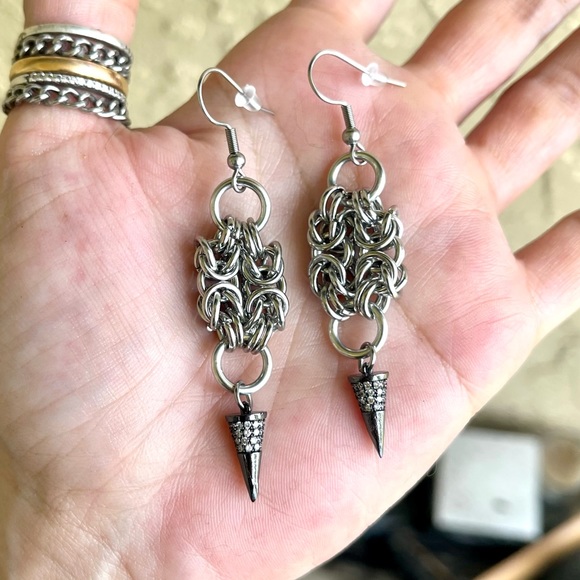 Handmade maille cz black spike dangly stainless steel earrings boho goth silver - Picture 10 of 13